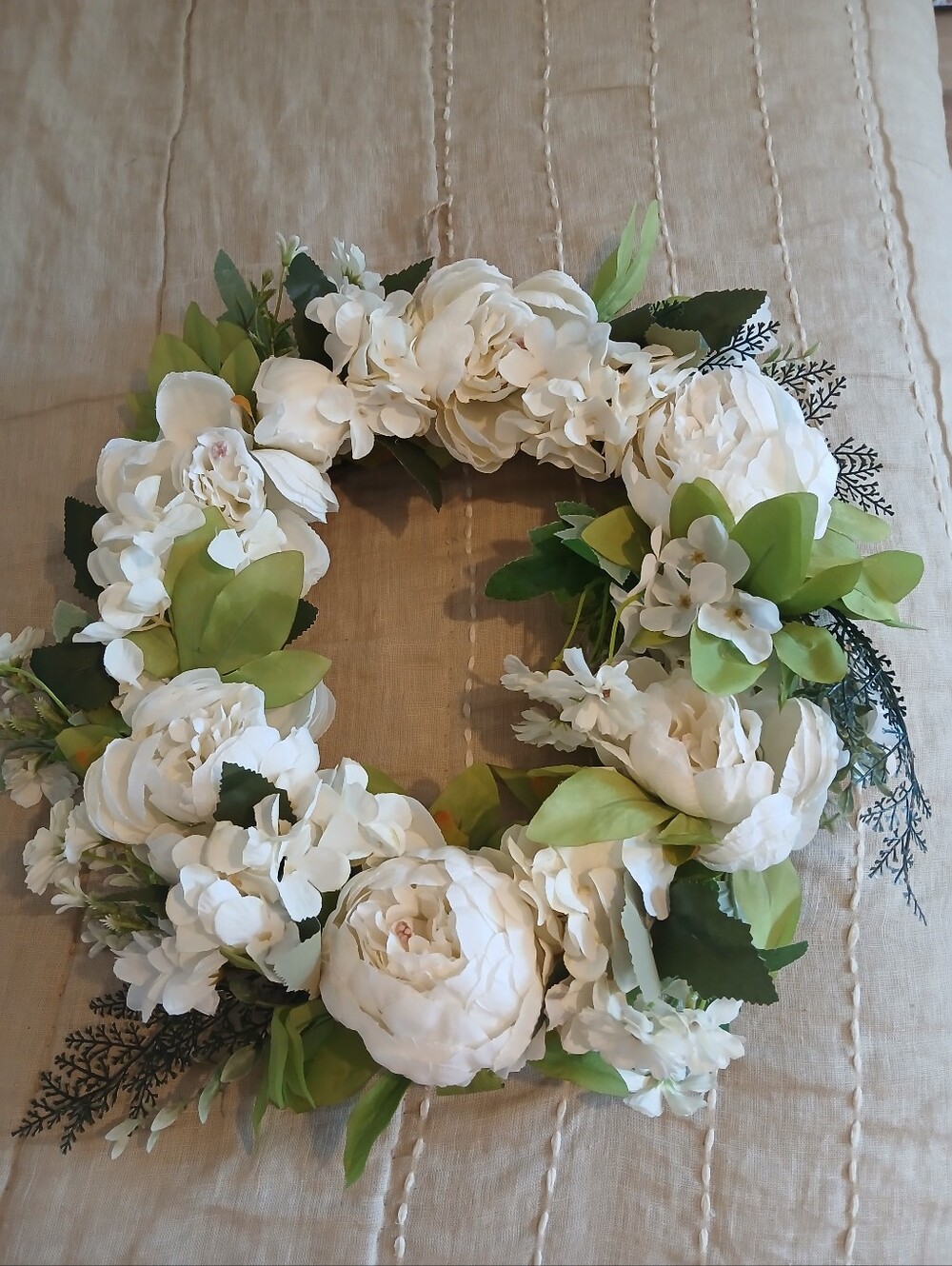 White Floral Wreath with Greenery - Decorative Home Accent